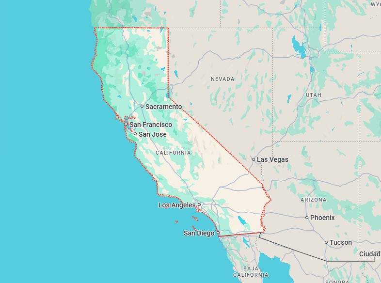 Map showing the state of California with major cities labeled, including Los Angeles, San Diego, San Francisco, Sacramento, and San Jose. Neighboring states and Mexico are partially visible.